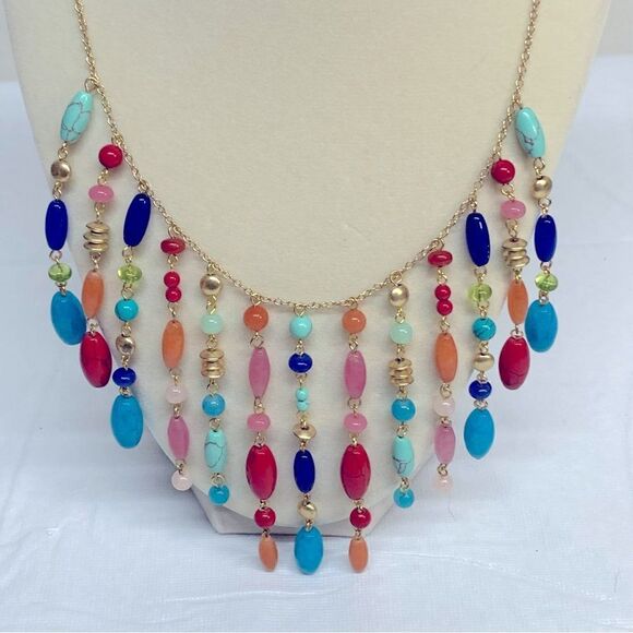 Glass Waterfall Necklace Multicolor Drop 26” Gorgeous - Picture 4 of 9